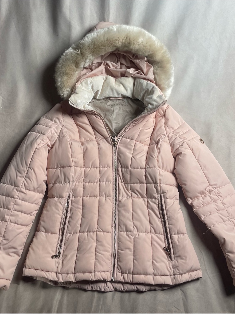 Calvin Klein Light Pink Quilted Puffer Jacket with Faux Fur Trim